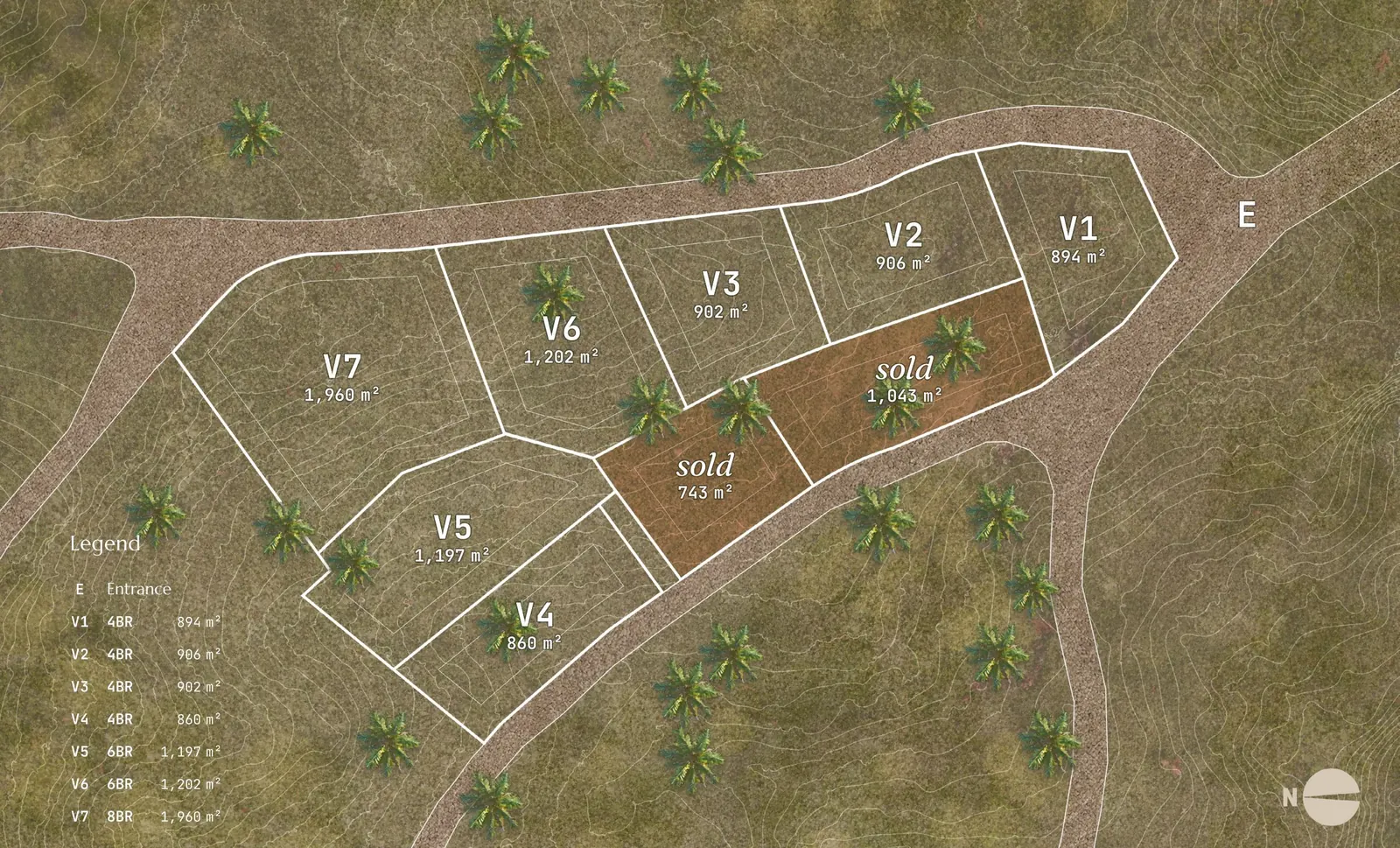 SENJA masterplan · residences V1 to V7 with their plot areas · 2 lots sold as full developments by Genesis · opens full screen